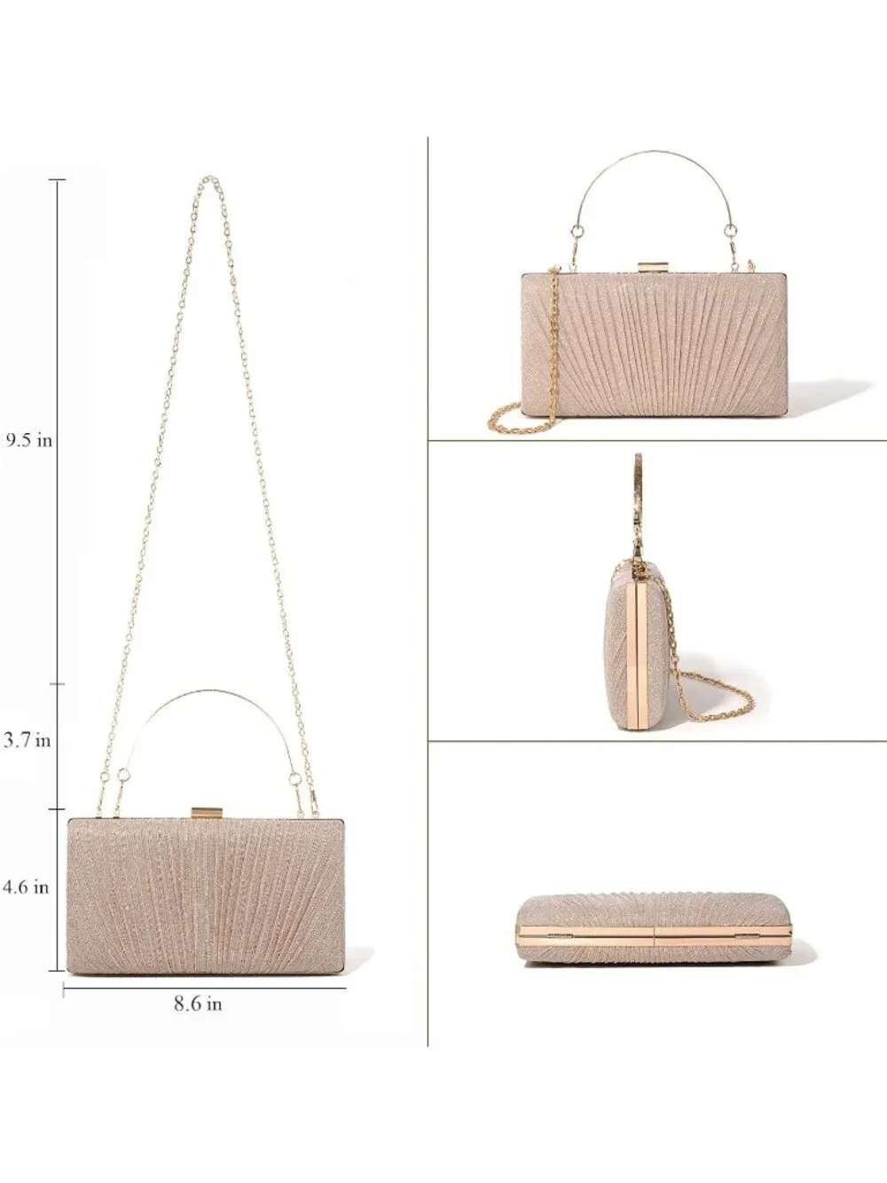 Women's Champagne Pleated Evening Handbag with Chain Prom Classic Clutch Purses